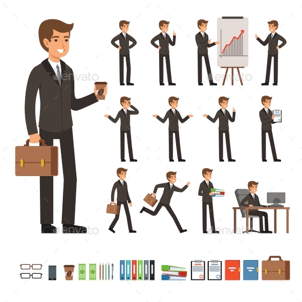 Vector Set of Businessman in Different Action - People Characters