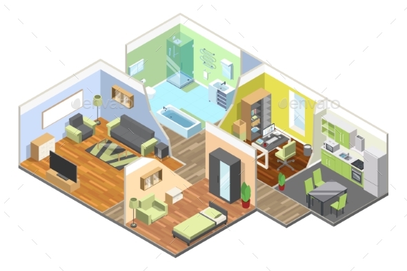 3d Interior of Modern House with Kitchen, Living - Objects Vectors
