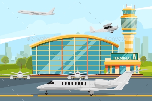 Modern Building of Airport Terminal with Control - Objects Vectors