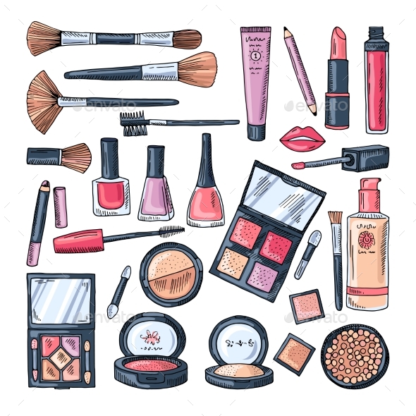 Makeup Products for Women. Colored Hand Drawn - Objects Vectors