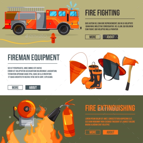 Horizontal Banners Set of Fireman Tools Pictures - Objects Vectors