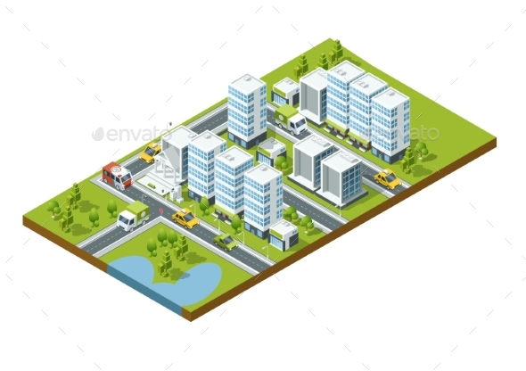 Isometric Perspective City with Streets, Houses - Buildings Objects