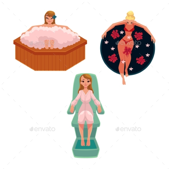 Woman Relaxing, Taking Bath in Spa Salon - Foot - People Characters