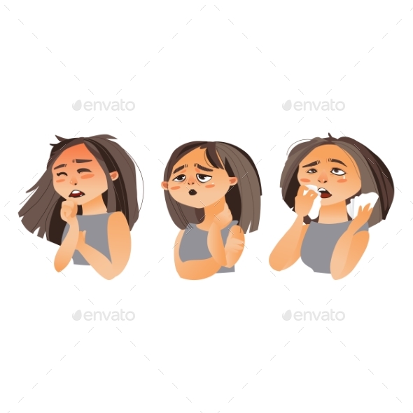 Woman Having Flu - Fatigue, Runny Nose, Cough - People Characters
