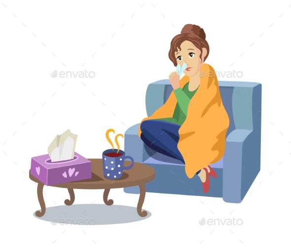Vector Woman Suffering From Cold, Flu Concept - Health/Medicine Conceptual