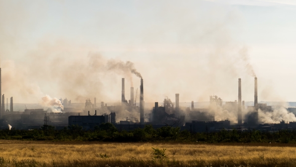Industrial Landscape. From Pipe Factory Smoke, Polluting the Atmosphere