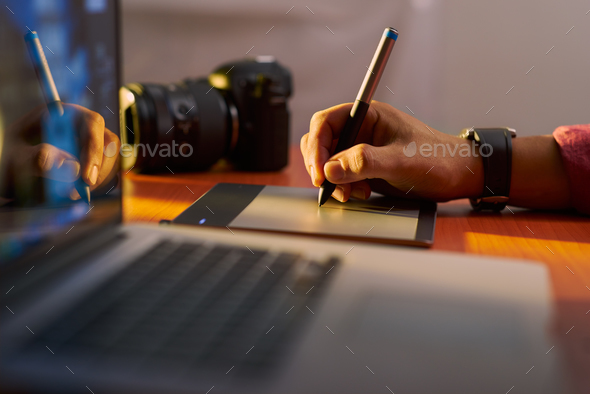 Artist Photographer Retouches Photo On Computer Graphic Tablet - Stock Photo - Images