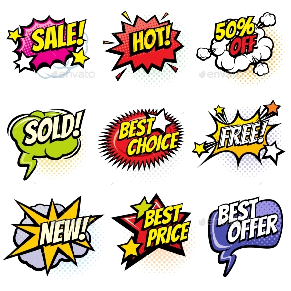 Comic Speech Bubbles with Promo Words. Discount - Web Elements Vectors