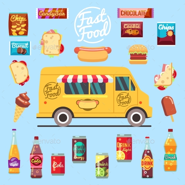 Food Truck with Big Set Summer Meal, Fast Food - Objects Vectors