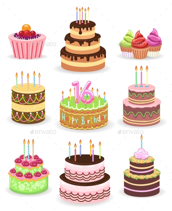 Birthday Cake Set Isolated on White - Objects Vectors