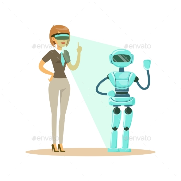Businesswoman Controlling Humanoid Robot - Computers Technology