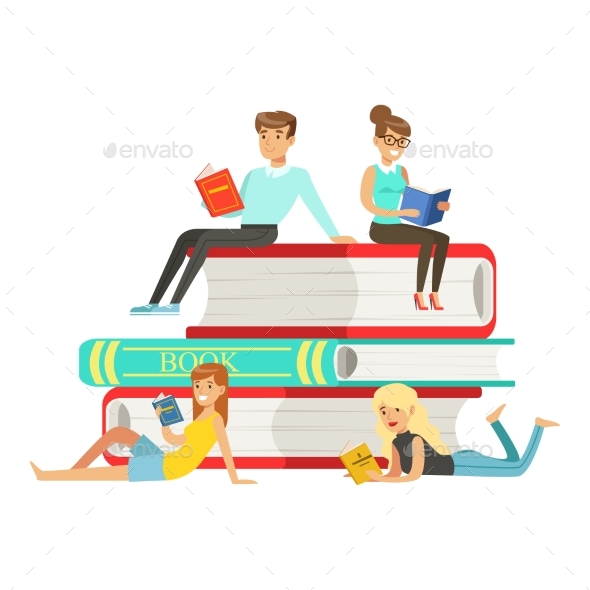 Micro Young Women and Men Sitting on a Pile - Miscellaneous Vectors