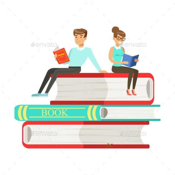 Micro Young Woman and Man Sitting on a Pile - Miscellaneous Vectors