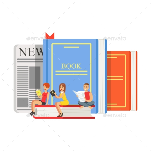 Micro Young Women and Man Sitting on a Giant Books - Miscellaneous Vectors