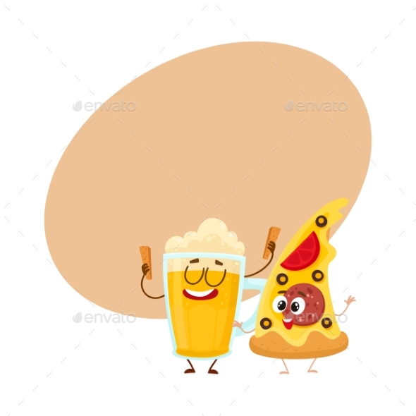 Funny Beer Mug and Yummy Pizza Slice Characters - Food Objects