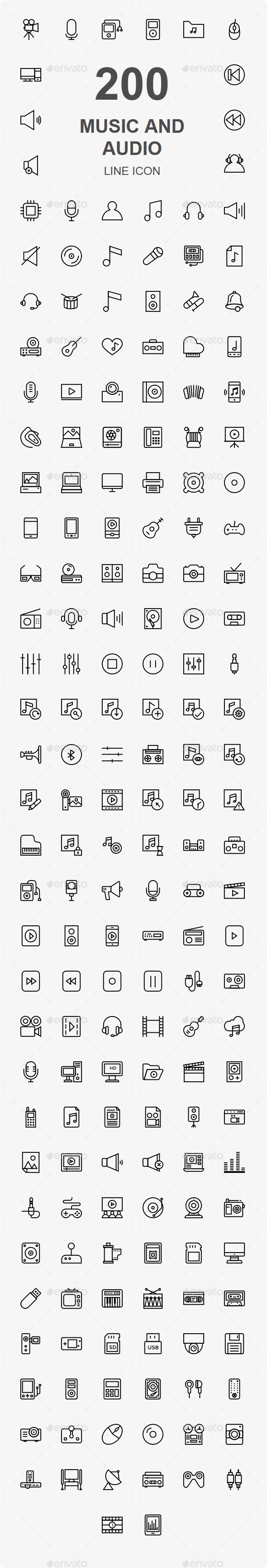 200 Music, Audio, Video line icons - Web Icons