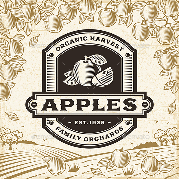 Retro Apples Label On Harvest Landscape - Decorative Symbols Decorative