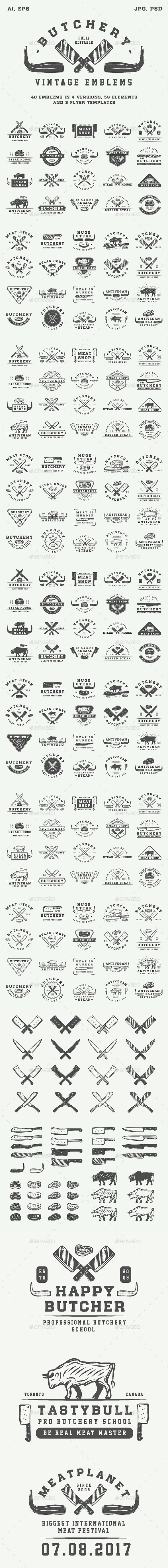 Vintage Butchery Emblems - Badges & Stickers Web Elements