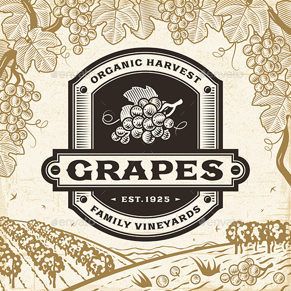 Retro Grapes Label On Harvest Landscape - Decorative Symbols Decorative