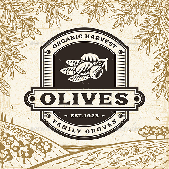 Retro Olives Label On Harvest Landscape - Decorative Symbols Decorative