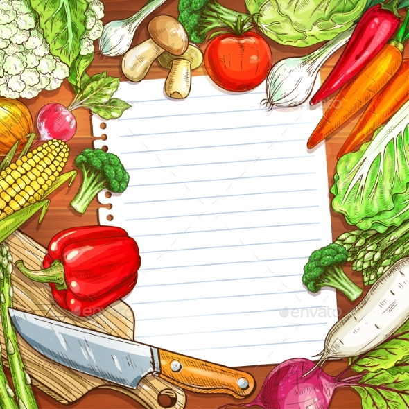 Vegetables and Blank Paper on Wooden Background - Food Objects