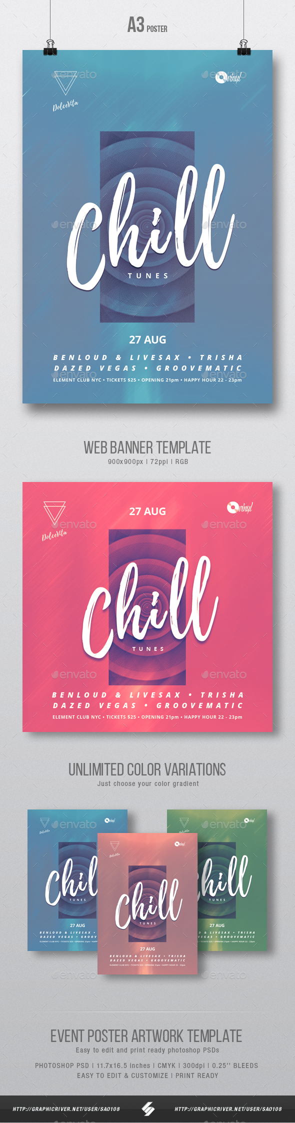 Chill Tunes - Event Flyer / Poster Artwork Template A3 - Clubs & Parties Events