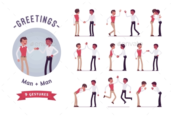 Male Clerks Greeting Character Set, Various Poses - Business Conceptual