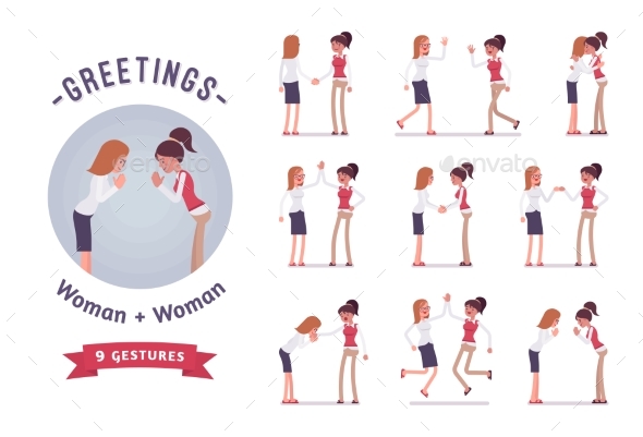 Female Clerks Greeting Character Set, Various - Business Conceptual