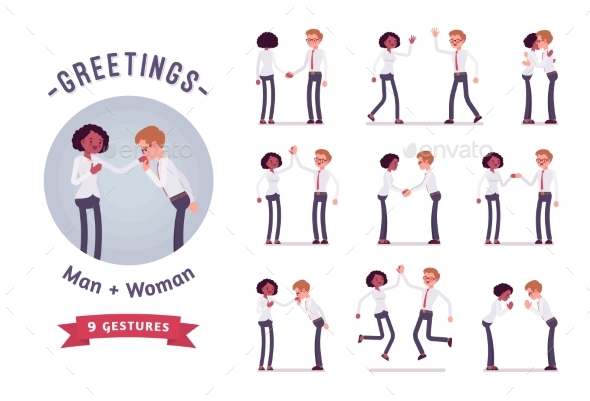 Male, Female Clerks Greeting Character Set - Business Conceptual