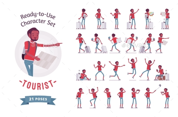 Black Male Tourist Character Set, Various Poses - Travel Conceptual