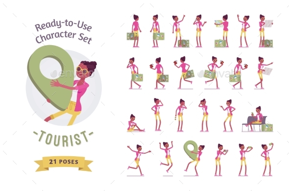Black Female Tourist Character Set, Various Poses - Travel Conceptual