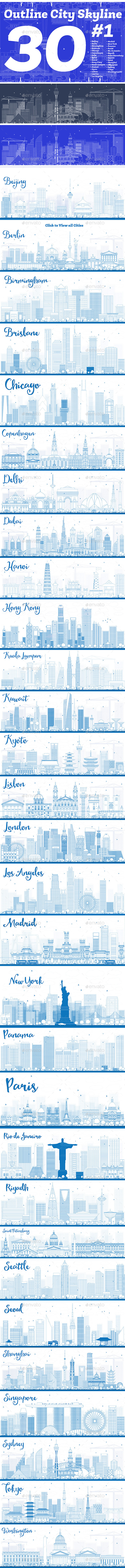 30 Outline City Skyline Set - Buildings Objects