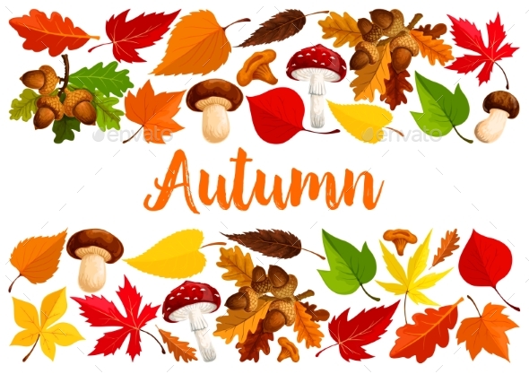 Autumn Falling Leaf Forest Mushrooms Vector Poster - Seasons Nature