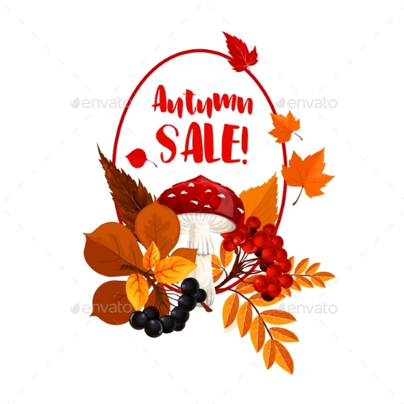 Autumn Season Sale Poster with Leaf, Mushroom - Seasons Nature