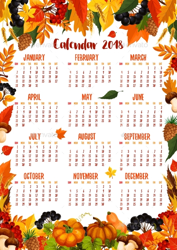 Autumn Nature Vector 2018 Calendar Template