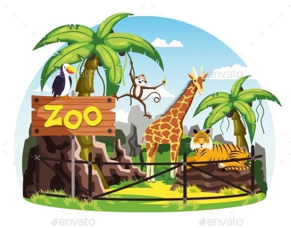 Giraffe and Monkey, Tiger and Toucan at Zoo - Animals Characters