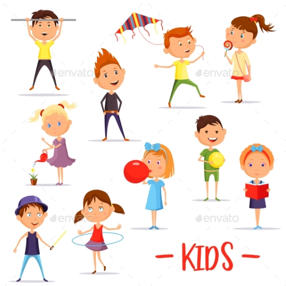 Set of Isolated Children or Kids at Their Activity - People Characters