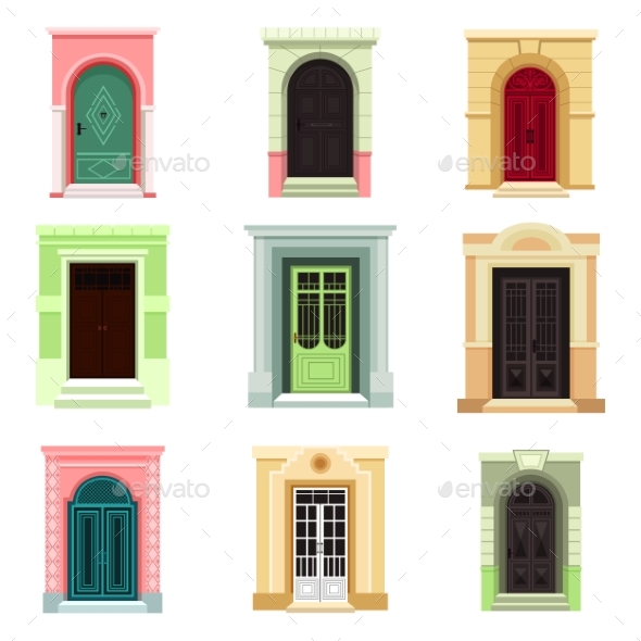 Outdoor View on Classic Doors or Entrance, Exit - Objects Vectors