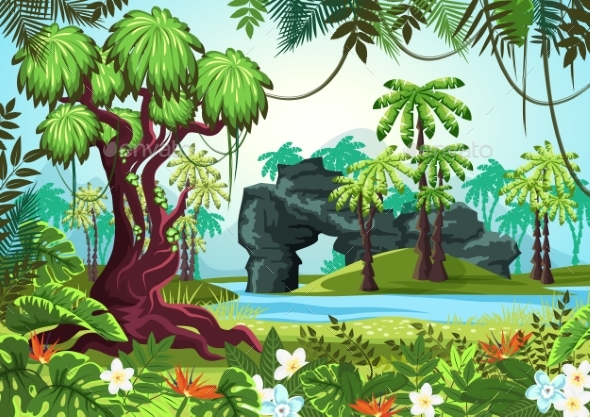 Tropical Wood, Jungle Forest with Palms and River - Landscapes Nature