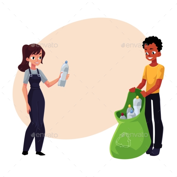 Man, Woman Putting Garbage Into Trash Bin, Waste - People Characters