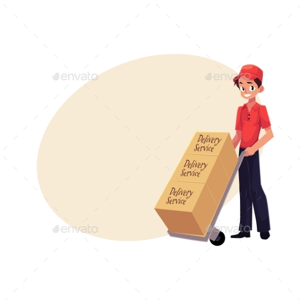 Courier, Delivery Service Worker, Hand Cart, Dolly - People Characters