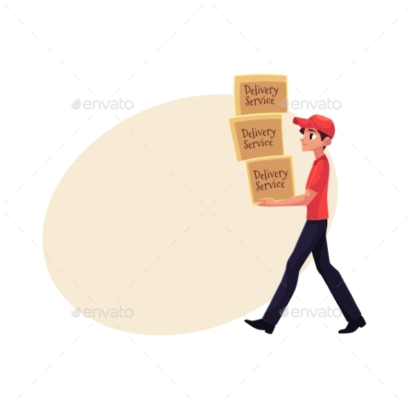 Young Courier, Delivery Service Worker Carrying - People Characters