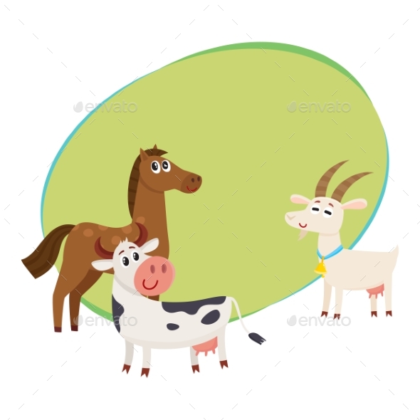 Farm Horse, Cow and Goat Grazing Upon the Green - Animals Characters