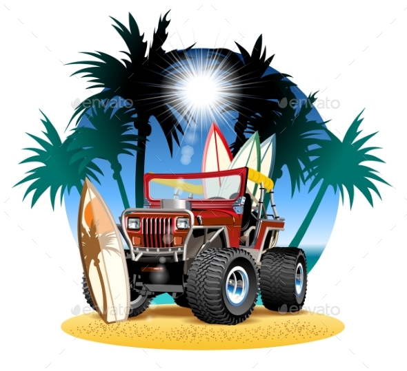 Vector Cartoon 4X4 Car on Beach