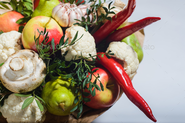 Bouquet of fruits, vegetables and mushrooms