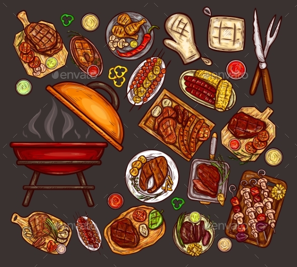 Set of Vector Illustrations, Elements for Barbecue - Food Objects