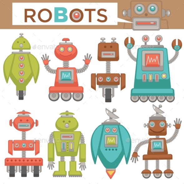 Robots and Transformers Retro Cartoon Toys Flat - Miscellaneous Vectors