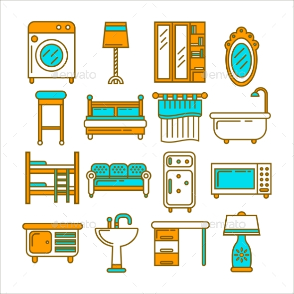 Furniture Set in One Style and of Bright Colors - Objects Vectors