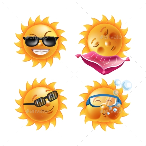 Sun Smiles Cartoon Emoticons and Summer Emoji - Miscellaneous Vectors