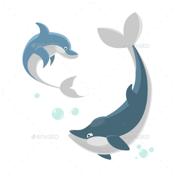 Ocaenic Whale and Sea Dolphin Isolated - Animals Characters